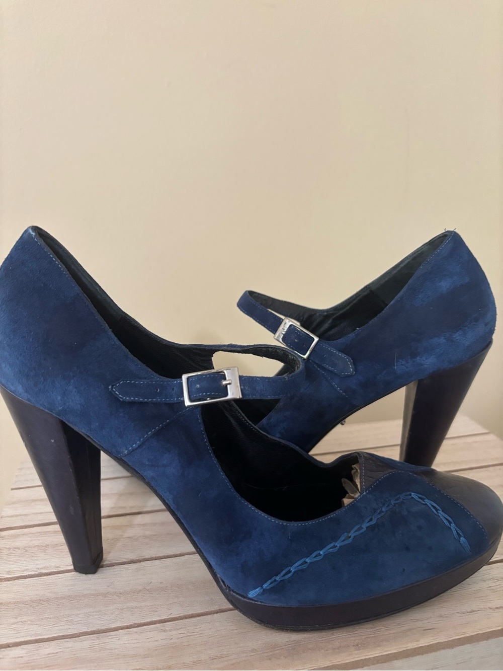 Enrico Lugani| Blue Suede Leather Mary Jane 3.5” Heels Pumps w/Buckle Strap Sz 9